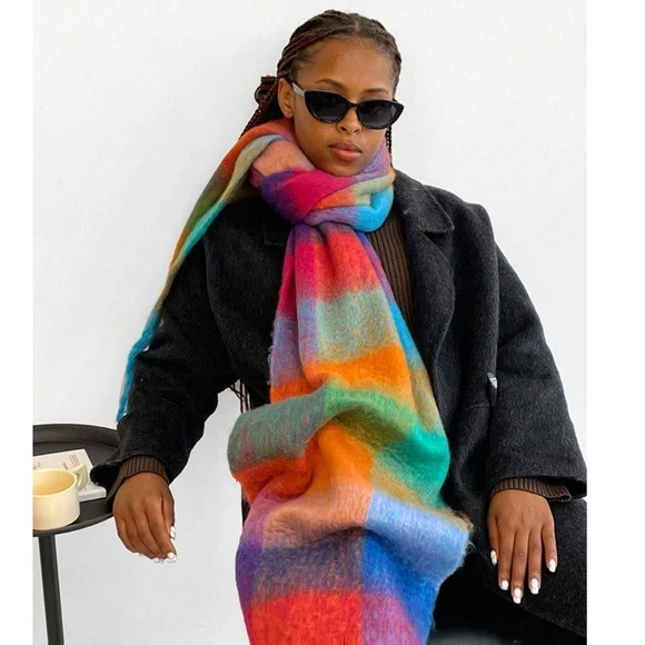 Plaid Multicolor Wide Shawl Scarf With Tassels Fuzzy Knit - Picture 4 of 8